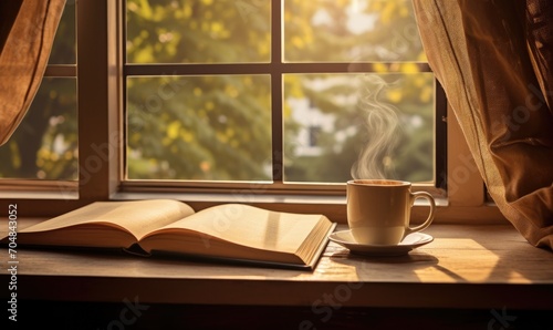 A picture of coffee on the desk under the window, a book spread out and curtains blowing in the wind. photo
