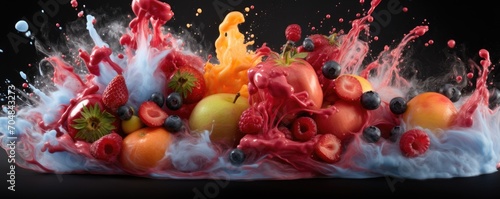 Amazing juicy fresh food explosion on black background. © Filip