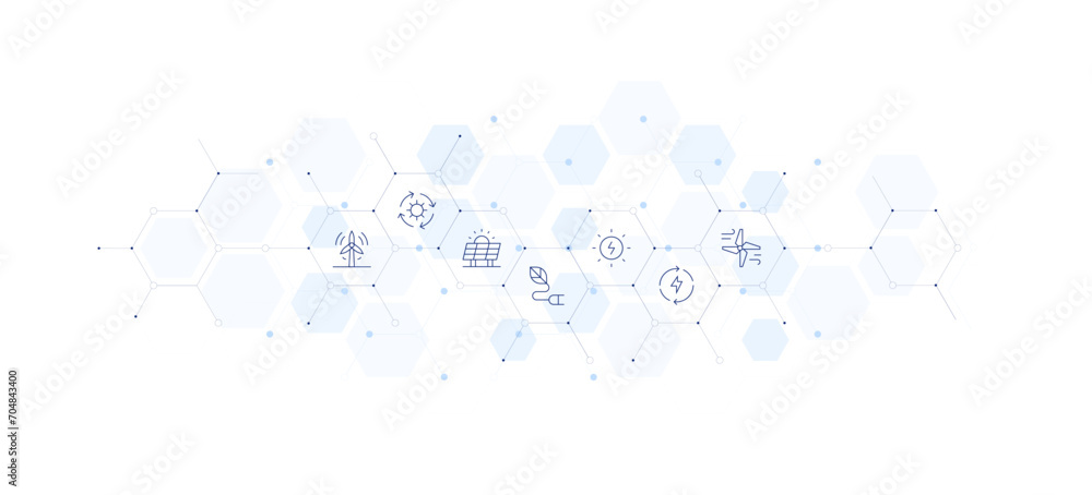 Renewable energy banner vector illustration. Style of icon between. Containing wind power, wind energy, solar energy, electricity, solar panel, renewable energy.