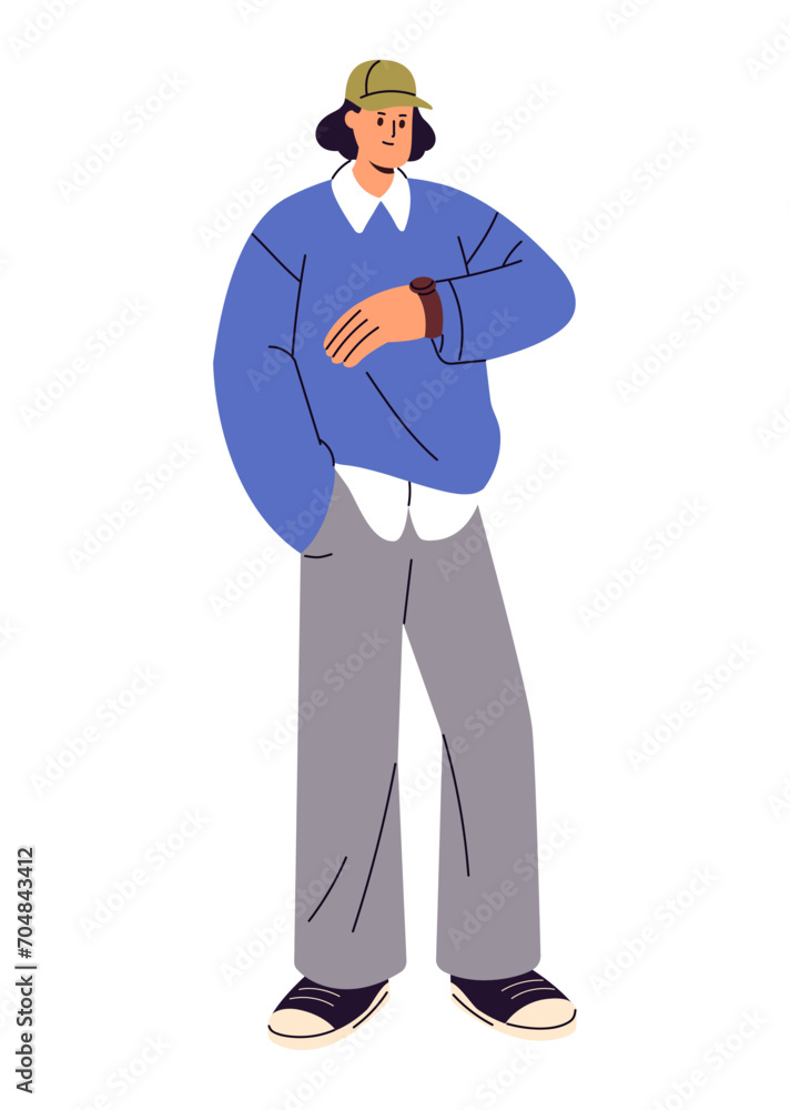 Stylish people. Young person standing, wait, checking clock by wristwatch. Man in cap wearing casual outfit in street style. Time management. Flat isolated vector illustration on white background