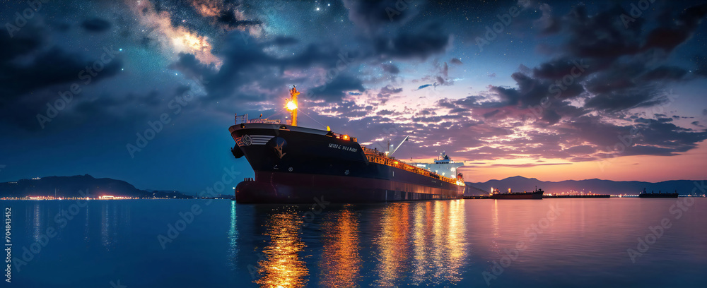 oil loading dock of business logistic sea going ship. crude oil tanker lpg ngv at night - obrazy, fototapety, plakaty 