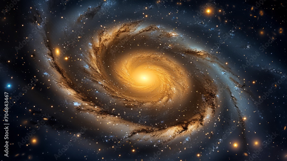 A spiraling galaxy with glowing stars and dust.