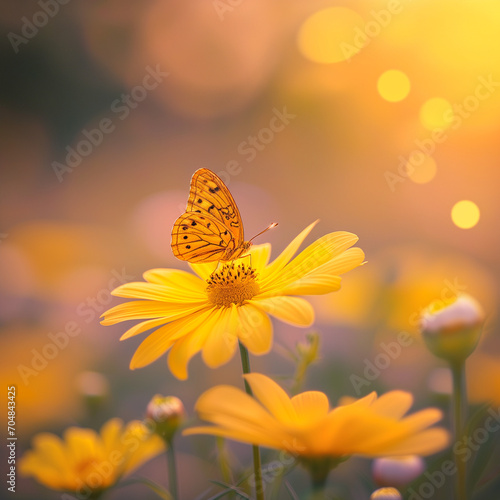 A butterfly with patterned wings rests on a bright yellow flower - a soft, golden-lit garden.