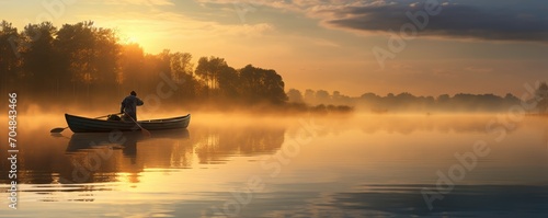 An elderly fisherman in a small wooden boat on a lake at amazing sunrise. © Filip