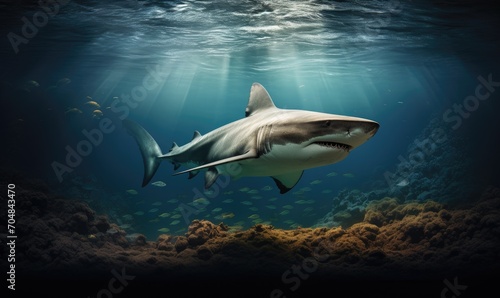 Bloodthirsty shark underwater ready to attack with dark and dramatic lighting. © Filip