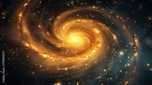 A spiraling galaxy with glowing stars and dust.