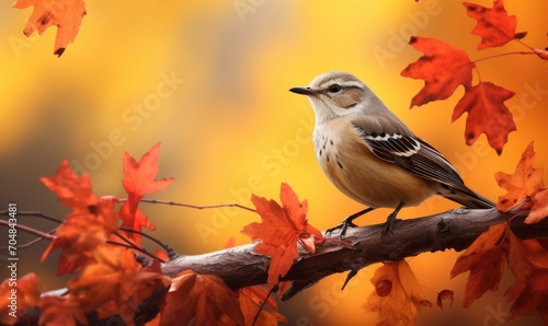 Beautiful mockingbird chirping among amazing autumn leaves .