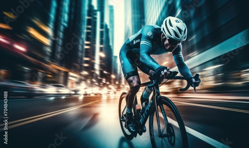 Amazing shot of racing road cyclist with city buildings blur.
