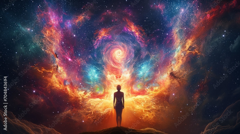 A person silhouetted against a vibrant cosmic backdrop. A person silhouetted against a vibrant cosmic backdrop.