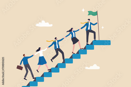 Team support help success, teamwork to progress and success together, company growth step or employee development, team achievement concept, business people team up holding hand help climb up stair. photo