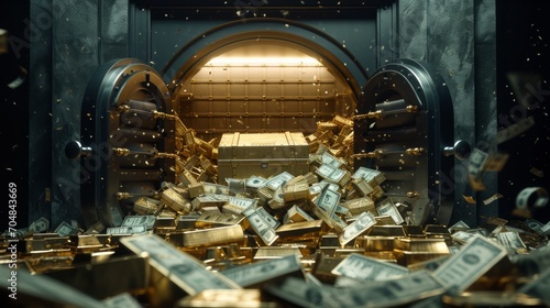 A vault overflowing with gold bars and cash. photo