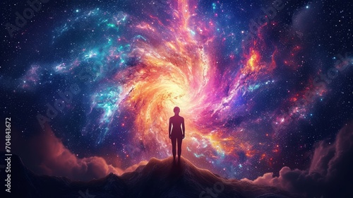 A person silhouetted against a vibrant cosmic backdrop.