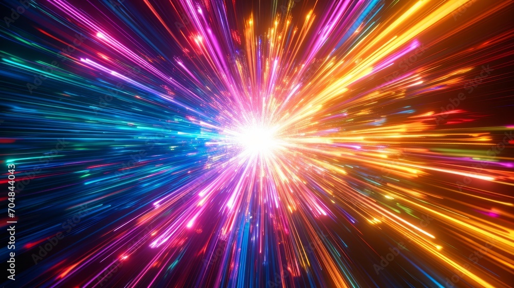 Colorful light streaks radiating from a central bright light source.