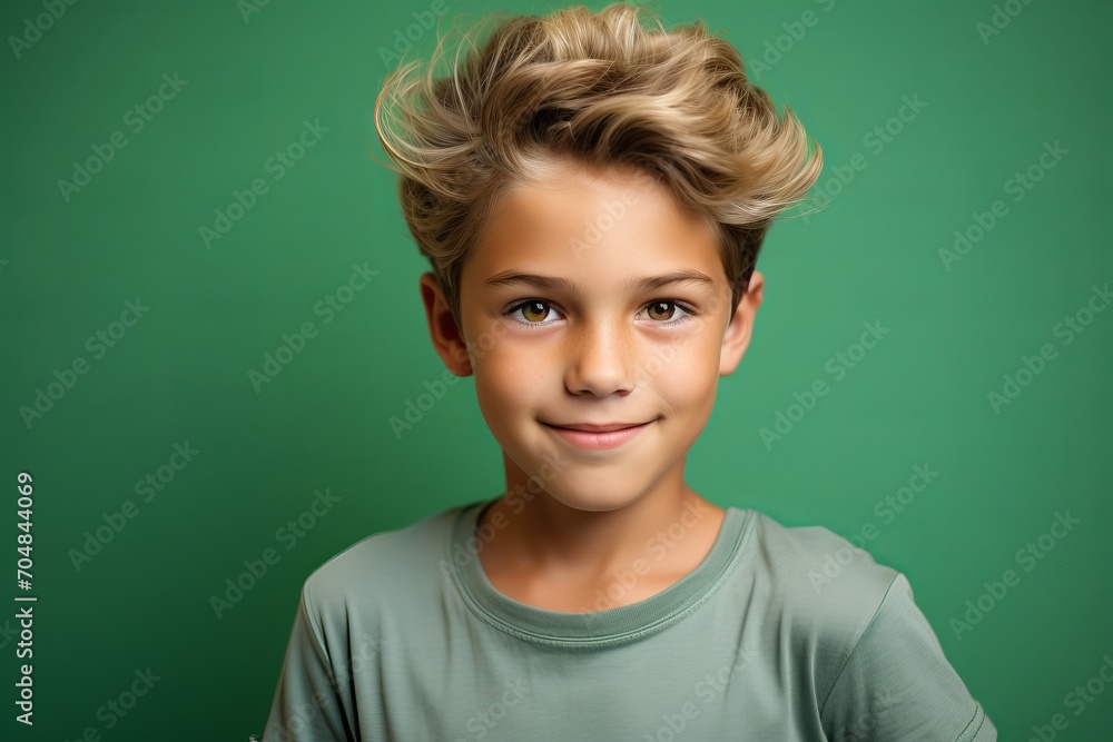 Portrait of a cute little boy with blond hair on a green background Portrait of a cute little boy with blond hair on a green background