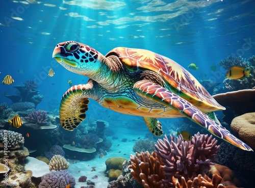 Green sea turtle swimming in the ocean. Underwater photo of sea animal. © lublubachka