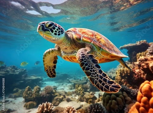 Green sea turtle swimming in the ocean. Underwater photo of sea animal.