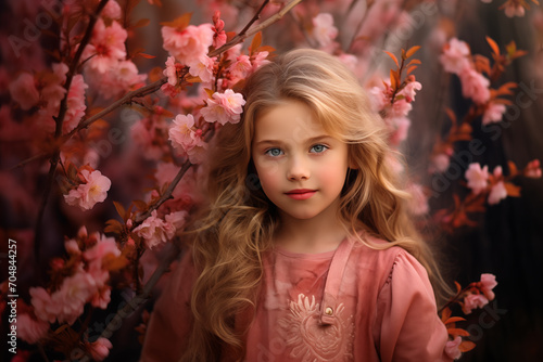 A little cute girl stands next to the flowering branches in the spring.