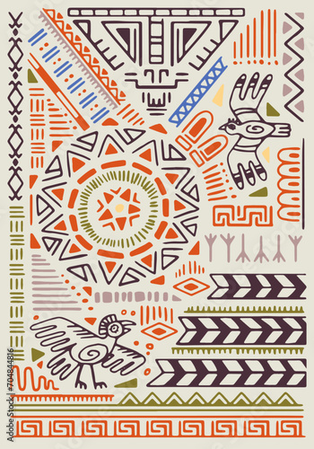 Abstract tribal background. Traditional animals symbols, ancient cultural elements, geometric figures of Aztec pattern. Ethnic poster, ornamental wall art in boho style. Flat vector illustration