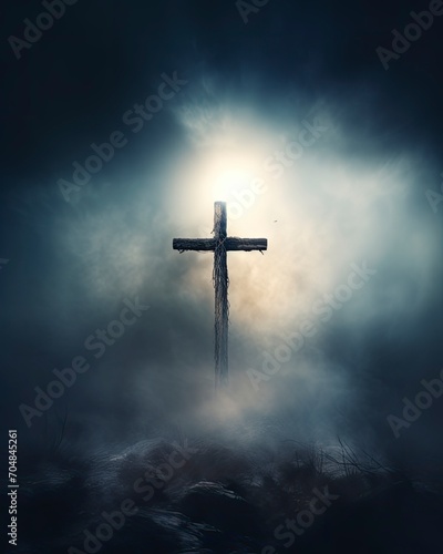 The Empty Cross, hazy, worship background art, Christianity, copy space - generative ai