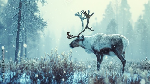  a reindeer is standing in the middle of a snowy forest with tall grass and trees in the foreground and snow falling on the ground.