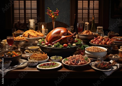 A hyperrealistic image of a Thanksgiving dinner table  meticulously capturing every intricate