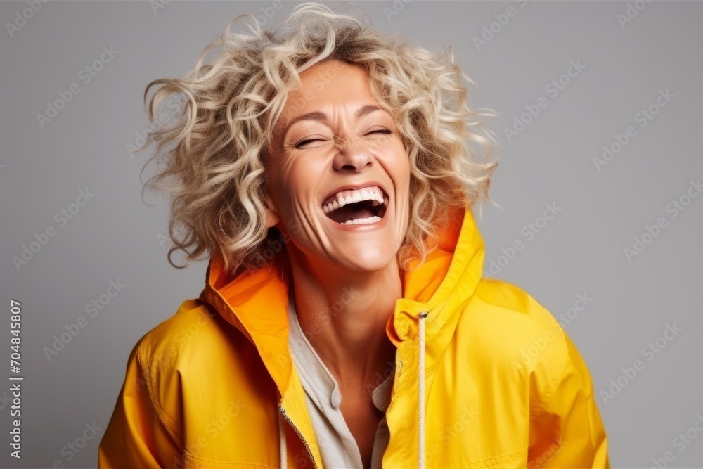 Portrait of a beautiful woman laughing in a yellow raincoat. Portrait of a beautiful woman laughing in a yellow raincoat.