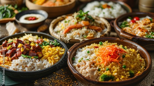 a close up of a plate of food with rice and veggies on a table with other plates of food in the background.