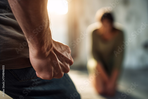Aggressive man with clenched fist with woman in blurry background photo