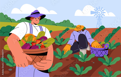 Farmers at agriculture works. Rural workers picking crops. Gardeners collecting vegetables at farm field. Person holds basket with harvest. People at farmland landscapes. Flat vector illustration
