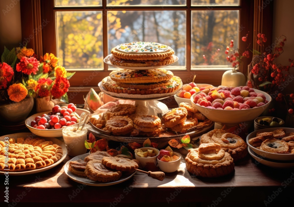 Fototapeta premium A hyperrealistic still life composition featuring a beautifully arranged Thanksgiving dessert