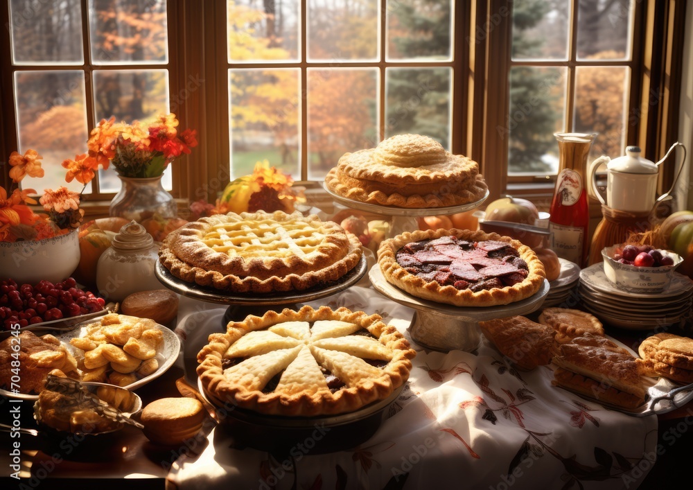 A hyperrealistic still life composition featuring a beautifully arranged Thanksgiving dessert