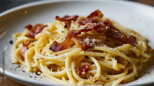  a plate of spaghetti with bacon and parmesan cheese on a wooden table with a fork in the bowl.