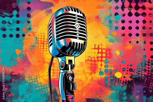 A colorful illustration of a vintage microphone against a pop art background.