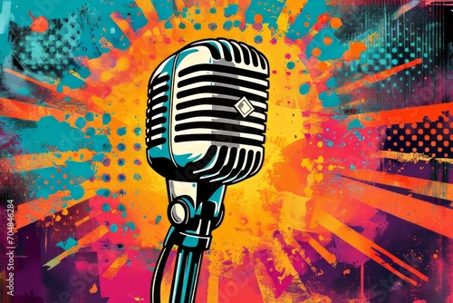 A colorful illustration of a vintage microphone against a pop art background.