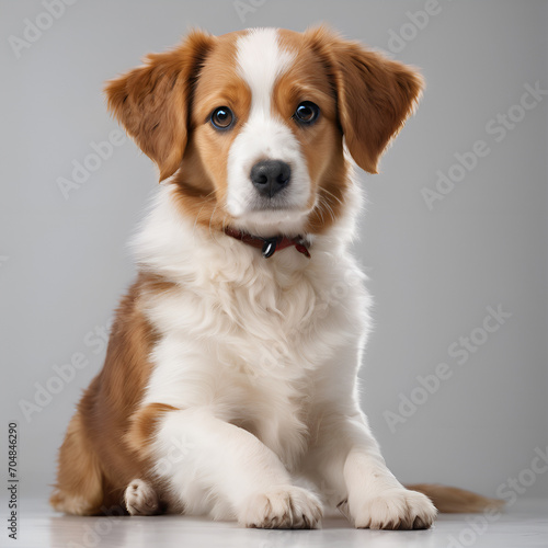 Small red and white dog puppy with sad eyes in the shelter for adoption isolated on white background,Sad Expression, Homeless Pet, Shelter Animal