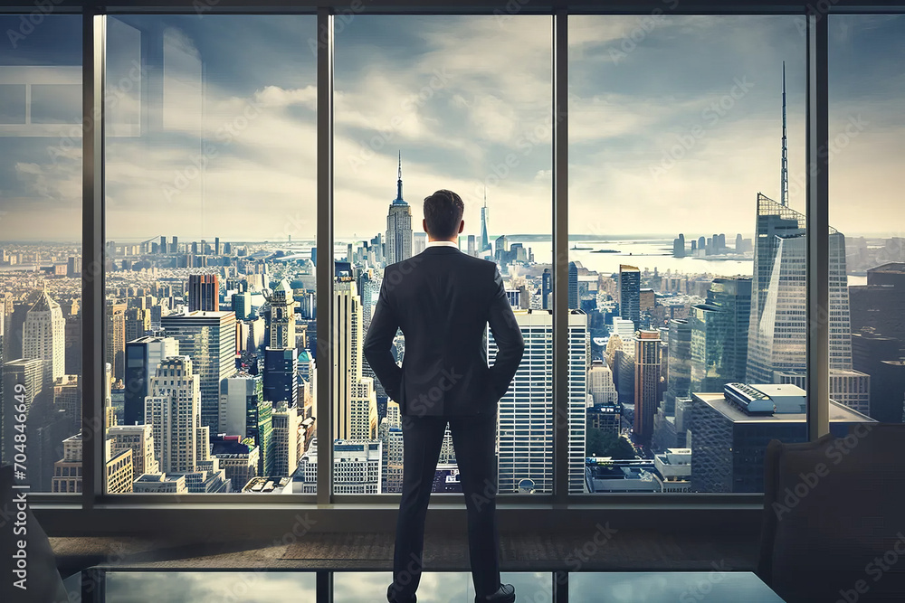 A successful businessman in a suit looks out the window at the c A successful businessman in a suit looks out the window at the c