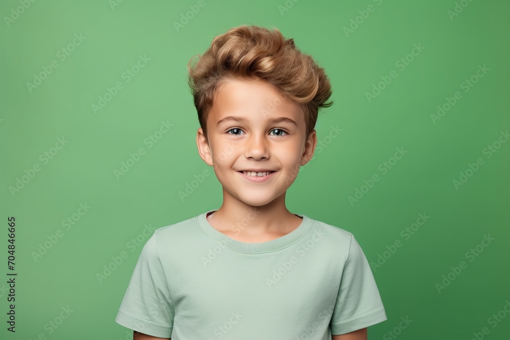smiling little boy in green t-shirt and hairstyle on green background smiling little boy in green t-shirt and hairstyle on green background