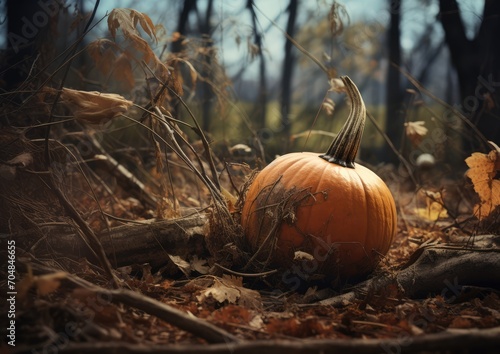 A land art-inspired image of a Thanksgiving pumpkin placed in a natural landscape, surrounded by