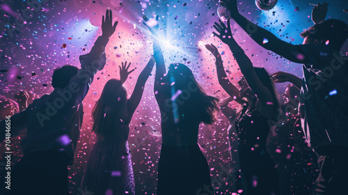 Dynamic scene of people dancing and celebrating at a party or club with confetti in the air and colorful lights in the background. © HelenP