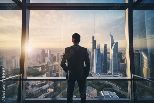 A successful businessman in a suit looks out the window at the c