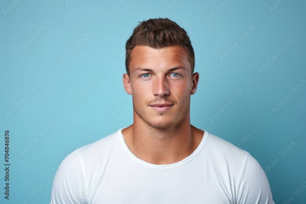 Portrait of handsome young man in white t-shirt on blue background Portrait of handsome young man in white t-shirt on blue background