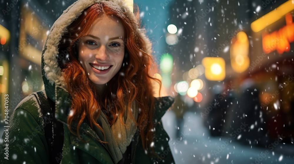 A woman walks through the snowy streets of a big city A woman walks through the snowy streets of a big city