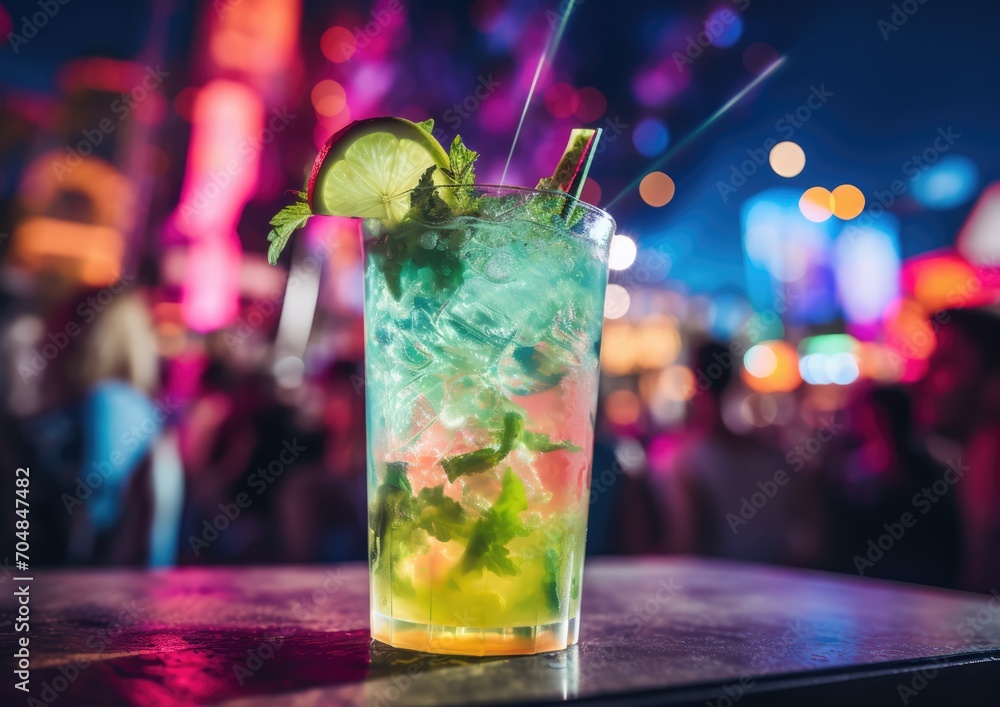A mojito cocktail being enjoyed at a vibrant outdoor music festival, with colorful stage lights A mojito cocktail being enjoyed at a vibrant outdoor music festival, with colorful stage lights