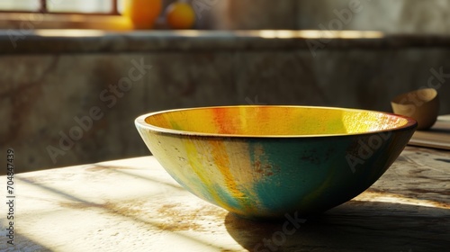  a bowl sitting on top of a wooden table next to an orange and a cup on top of a table.