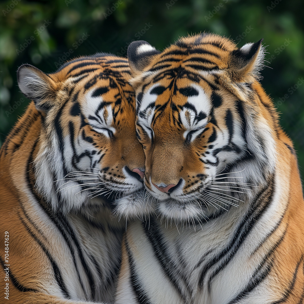 Two tigers with their heads together in a symmetrical loving pose