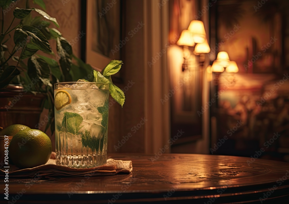 A mojito cocktail being enjoyed in a cozy, candlelit corner of a charming cafe, with vintage A mojito cocktail being enjoyed in a cozy, candlelit corner of a charming cafe, with vintage