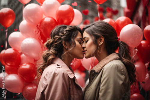 Two Pretty Sexy Stylish Cool Generation Z Girls LGBTQ Lesbian Couple Dating In Valentine's Day With Red And Pink Balloons Behind © Centric 