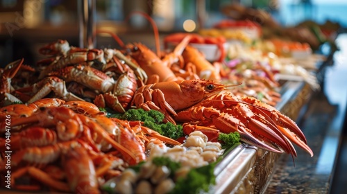  a close up of many different types of lobsters on a table with broccoli and cauliflower.