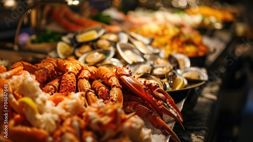  a close up of a plate of food with lobsters and mussels on the side of the plate.