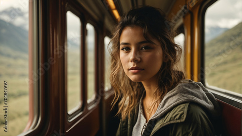 Portrait of a girl on the train with her hair up wearing a casual hoddie, medium shot. © Centric 